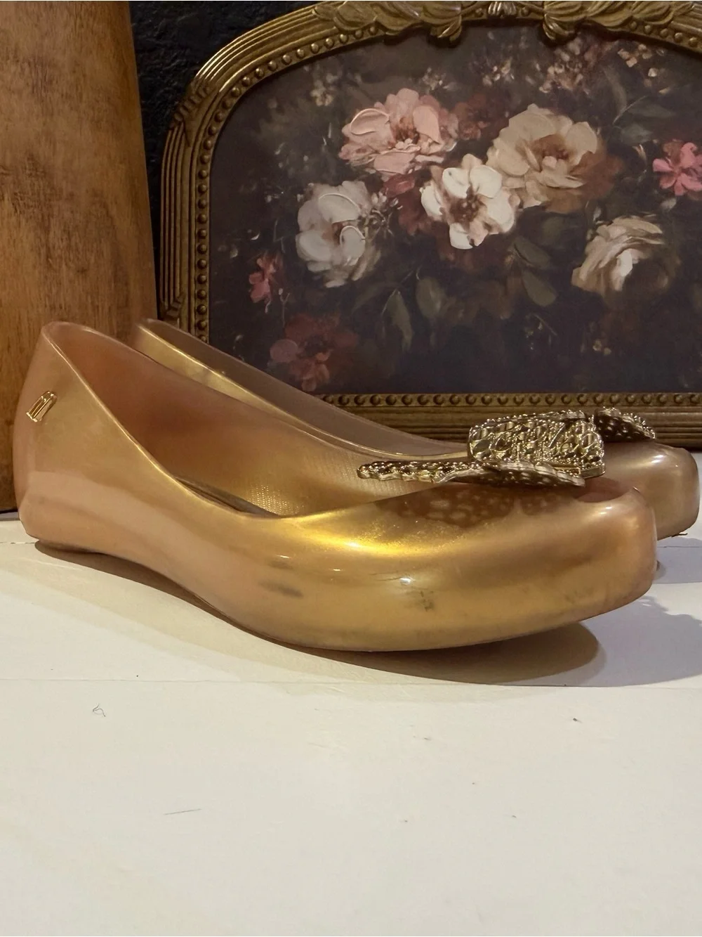 Melissa Rose Gold Ballet Flats with Gold Butterfly Accent